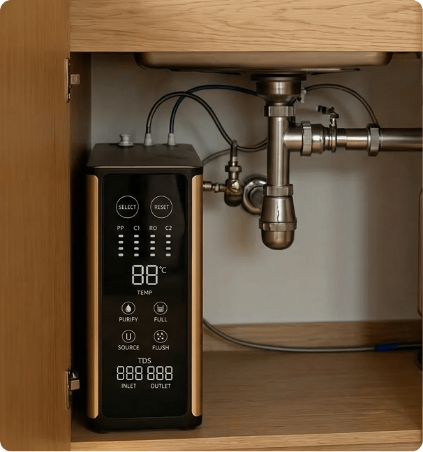 Monteur bij een geïnstalleerd Modern Water-filter