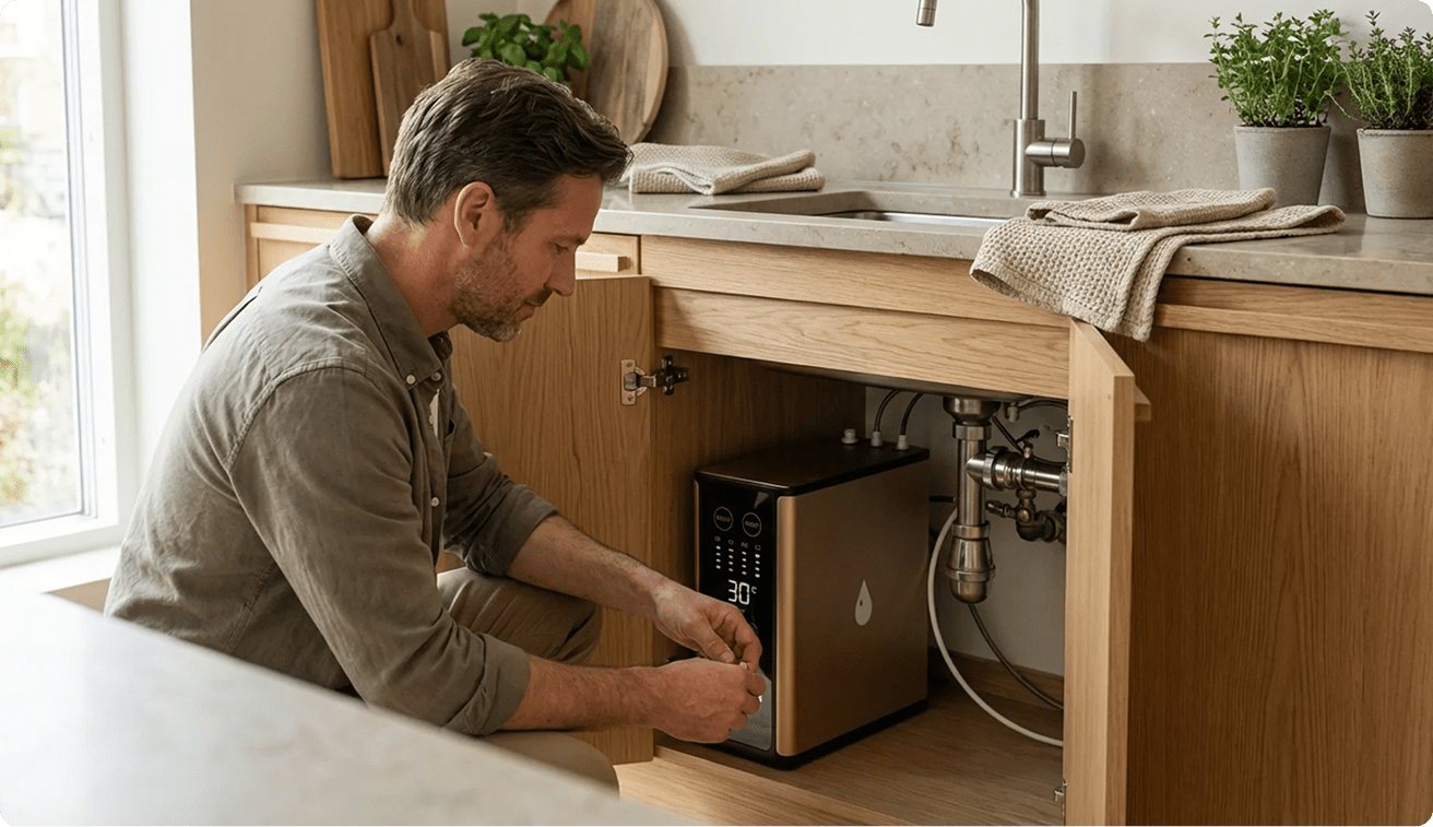 Monteur installeert het Modern Water-filter onder de gootsteen