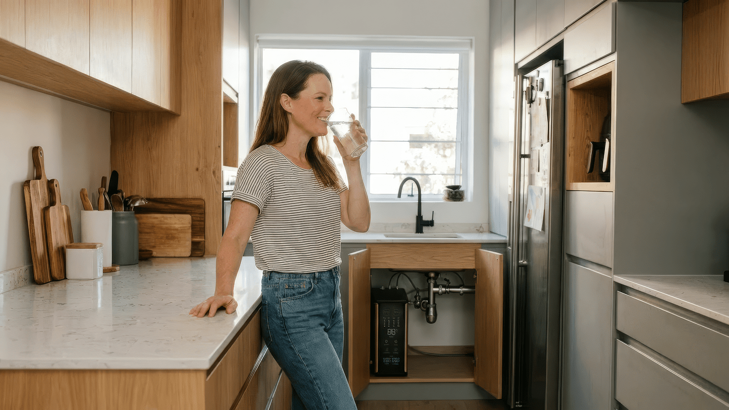 Vrouw drinkt een glas water in de keuken