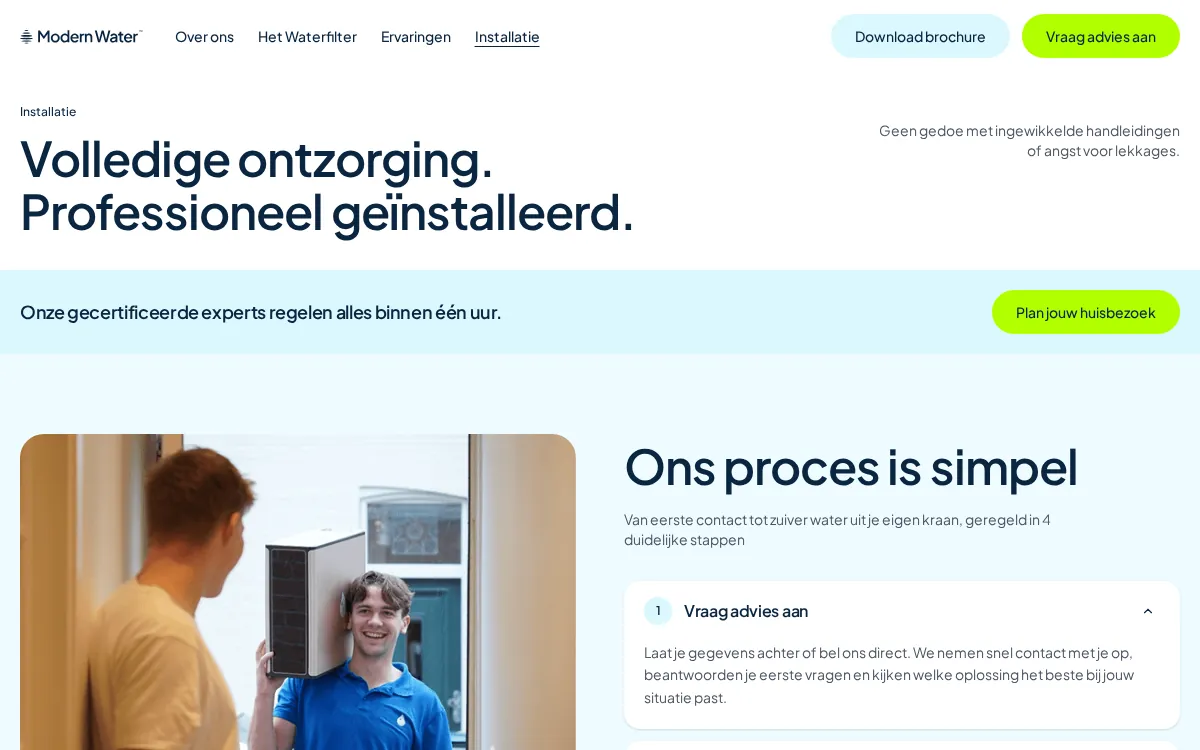 Schermafbeelding van modernwater.nl/installatie